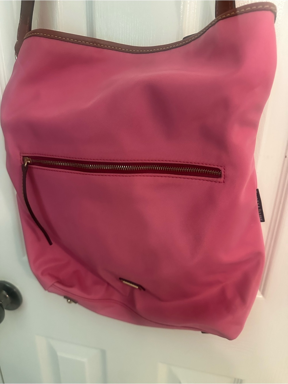 Dooney & Bourke Pink Nylon Shoulder Tote Bag Brown Leather Trim